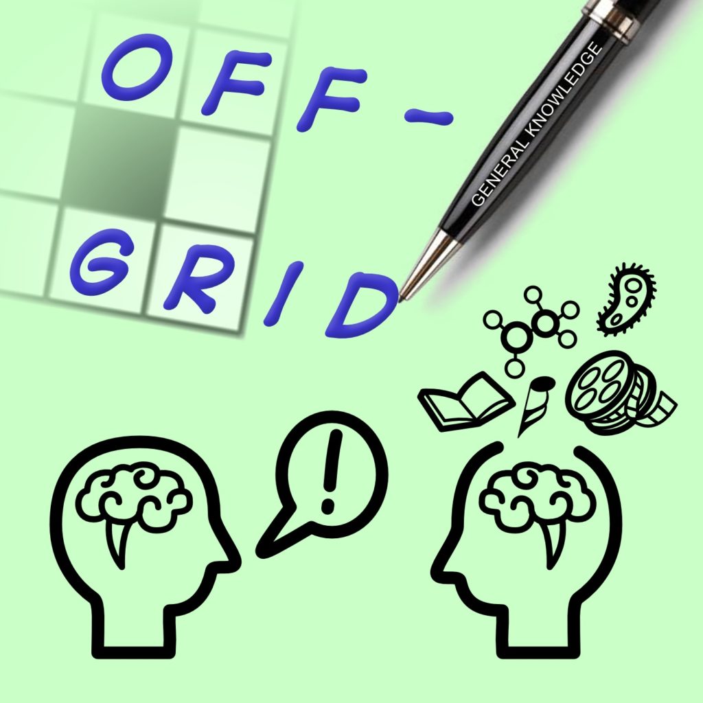 #OffGridPod logo: Two cartoon heads engaged in conversation, with their brains on show. One head's lid is open, and icons representing chemistry, literature, music, film and biology are spilling out from it. Above the heads, a pen labelled "General Knowledge" is writing the phrase "Off-Grid", which is spilling out of the bounds of a crossword grid that pokes into the edge of the image.