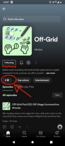Off-Grid on Spotify, with the "Following" button underlined, and the Star Rating box highlighted. (Five, please! ;-) )