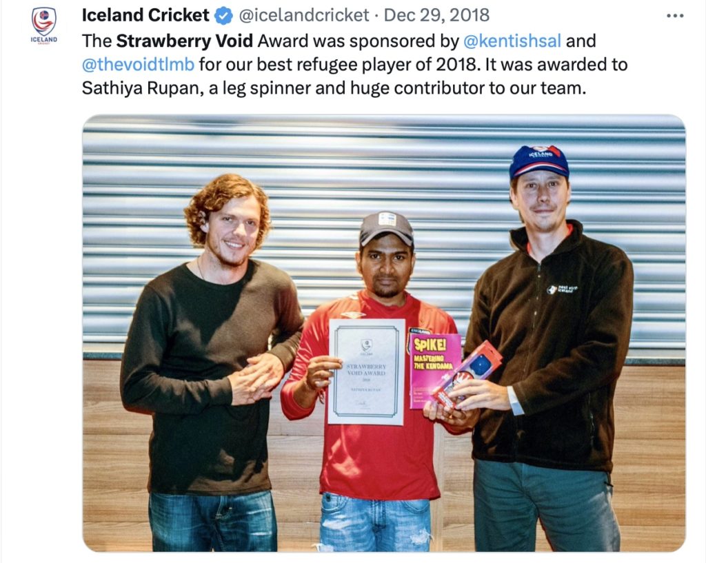 Iceland cricket's tweet announcing Sathiya Rupan as the inaugural winner of the Strawberry-Void trophy, with photo of him being awarded the certificate and prize.