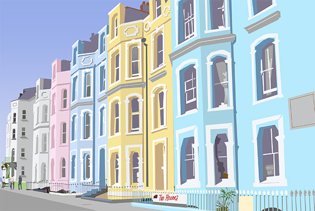 A vector drawing of a row of colourful three-storey housefronts, facing onto a road.